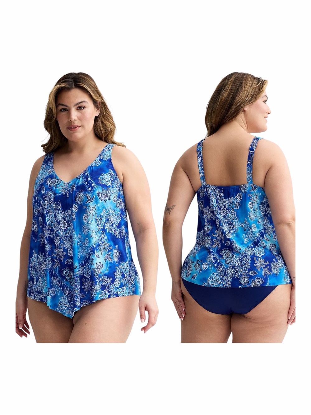 NWT! Plus Size Bal Harbour Blue Floral V-Neck Hanky Fauxkini Swimsuit. Size 20W.